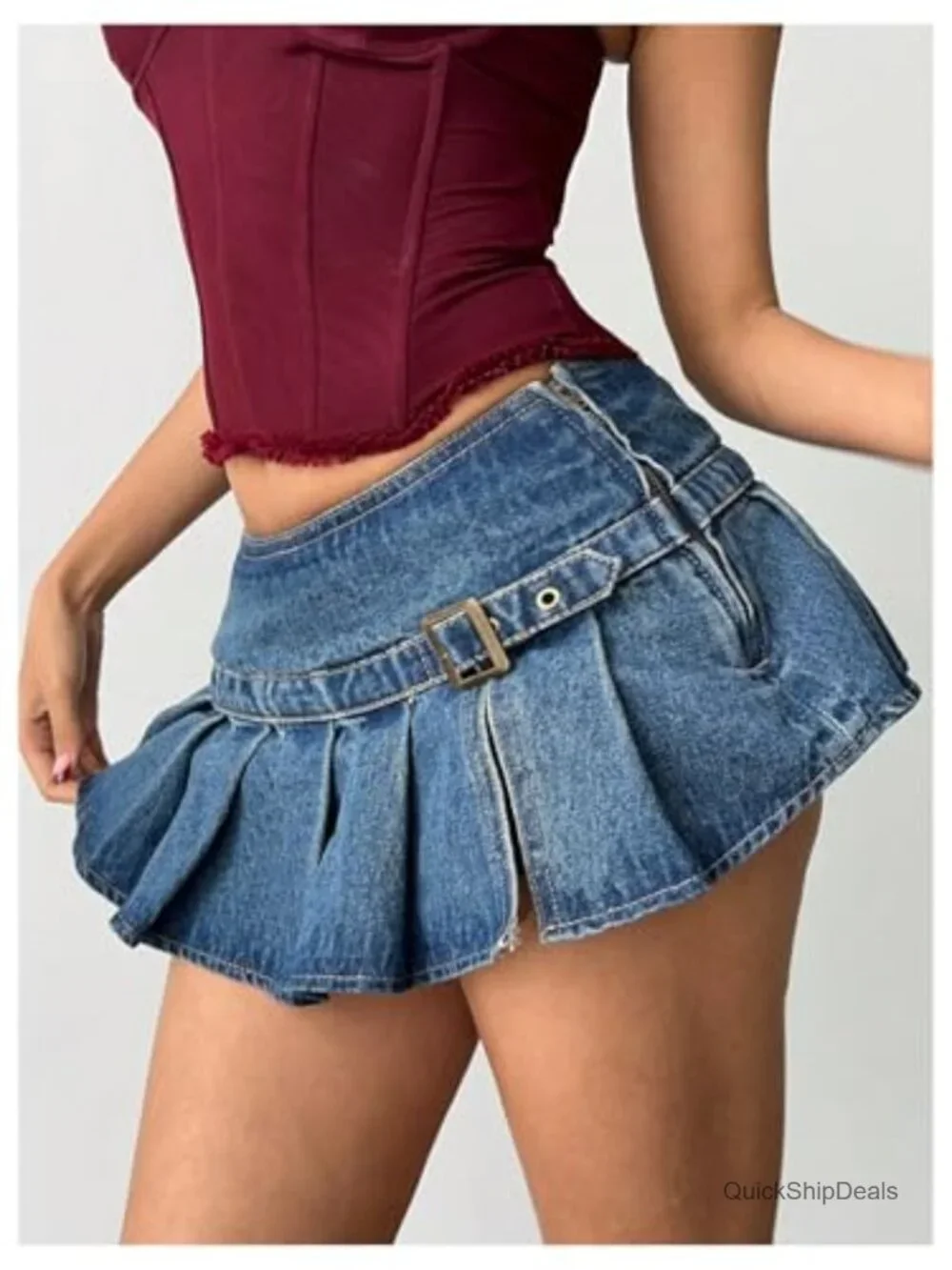 Y2K Low Rise Pleated Mini Denim Skirt with Buckle Belt